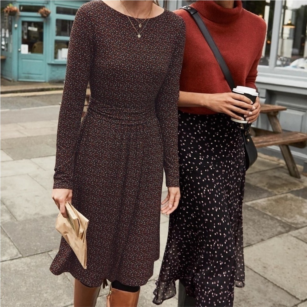 Boden Long Sleeve Burgundy Speckled Jersey Dress
